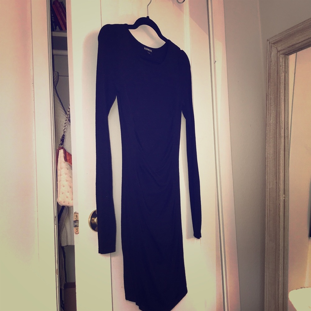 Rouched black mini dress, very flattering LBD